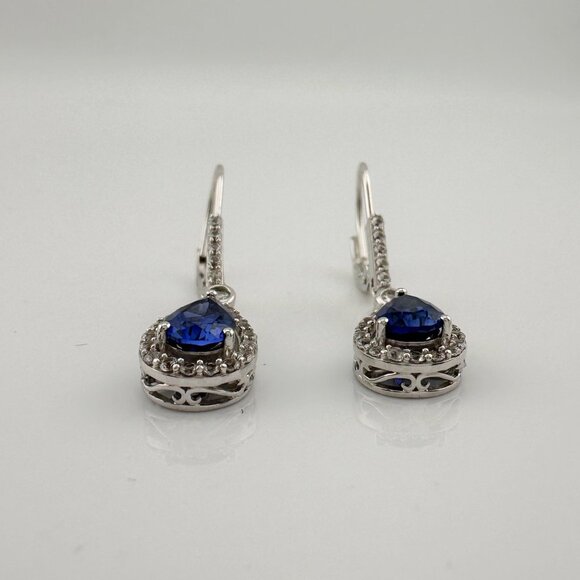 Blue and White Sapphire Tear Drop Earrings in Sterling Silver - Picture 6 of 12